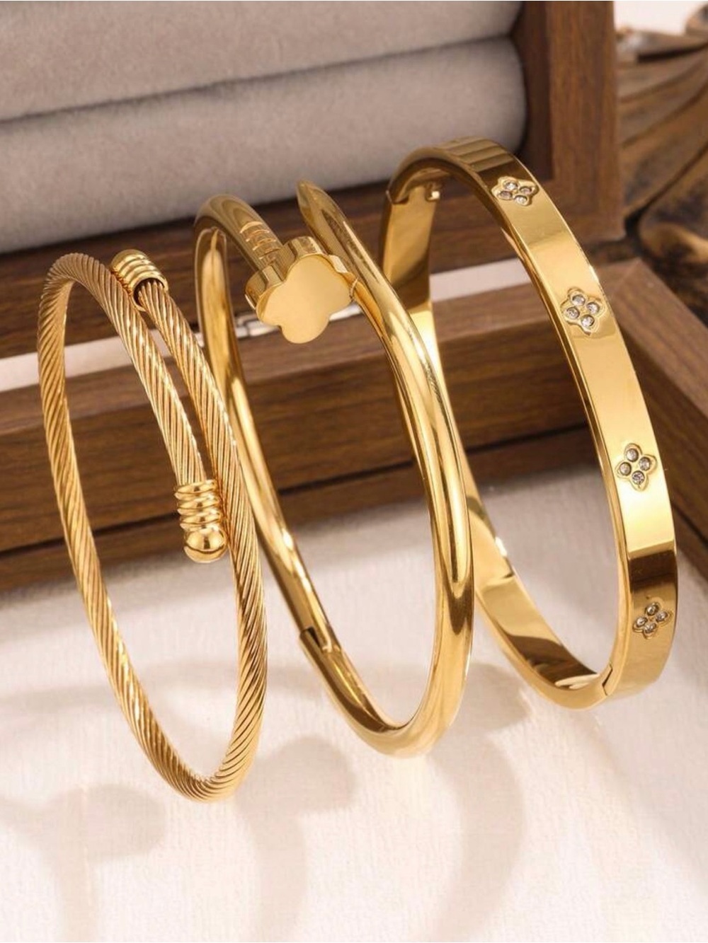 Set of 3 pcs Gold Tone Bracelet Set Titanium Steel